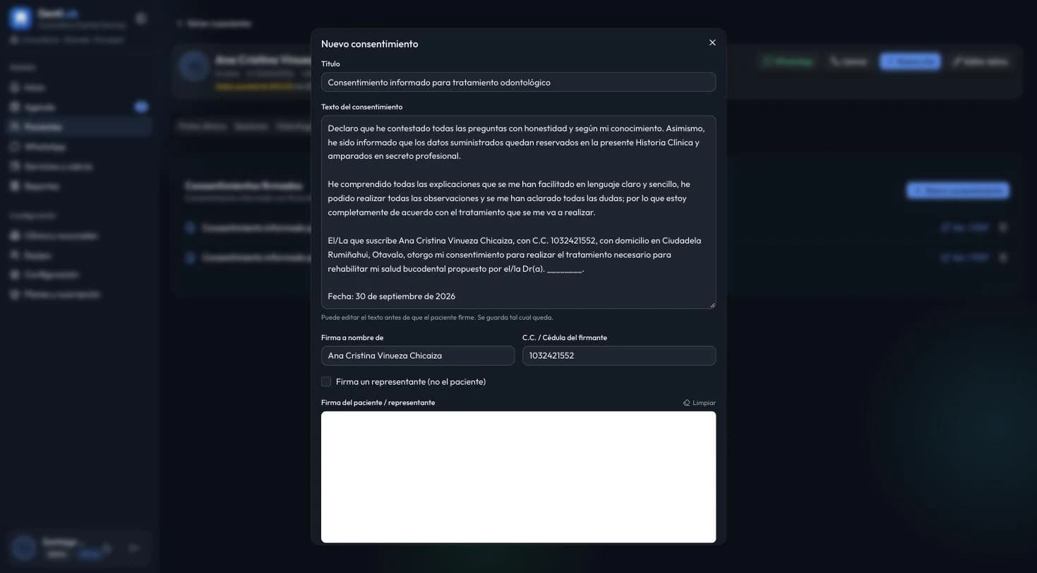 Formulario Nuevo consentimiento con el texto generado a partir de los datos del paciente