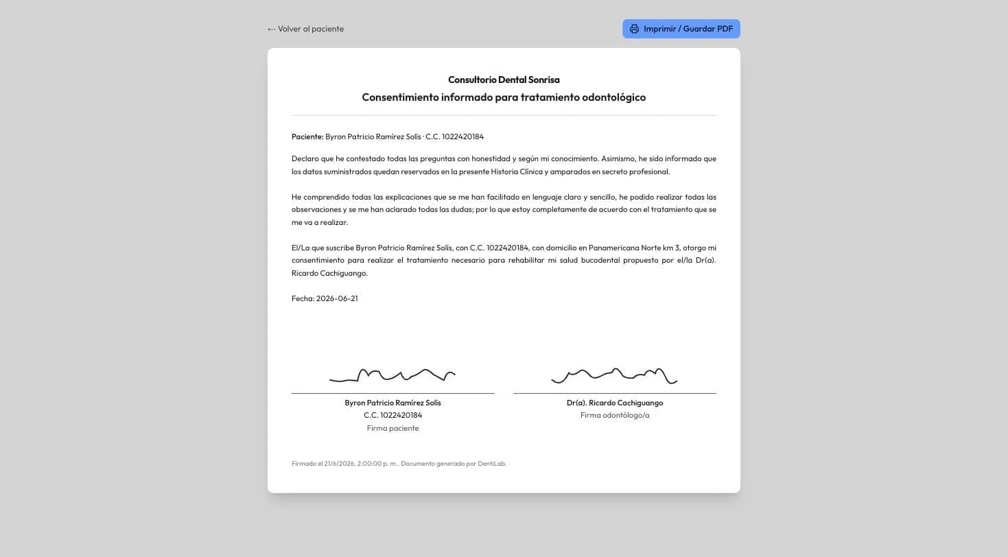 Consentimiento informado firmado en DentiLab listo para imprimir o guardar en PDF