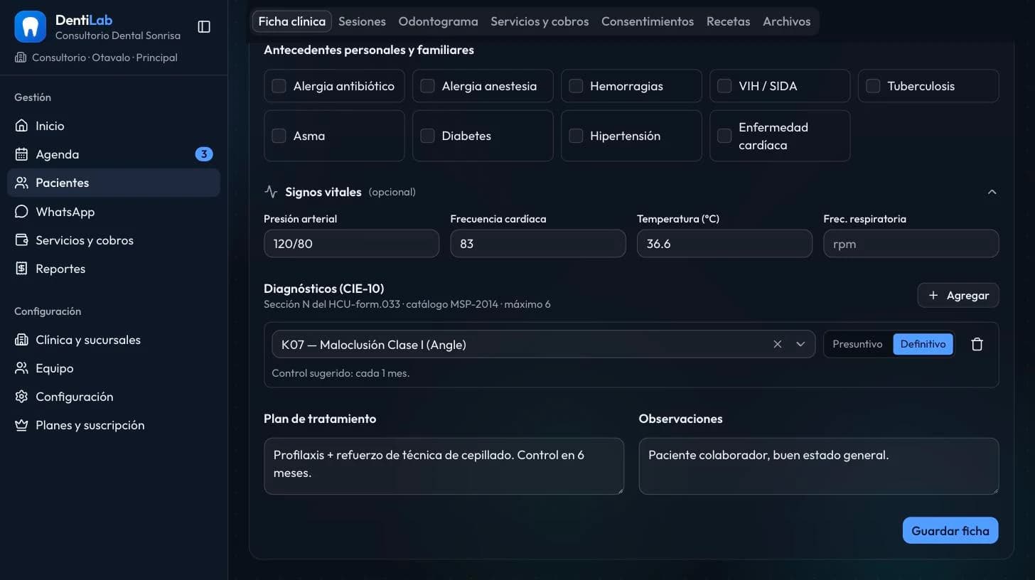 Selector de diagnósticos CIE-10 en la ficha clínica de DentiLab